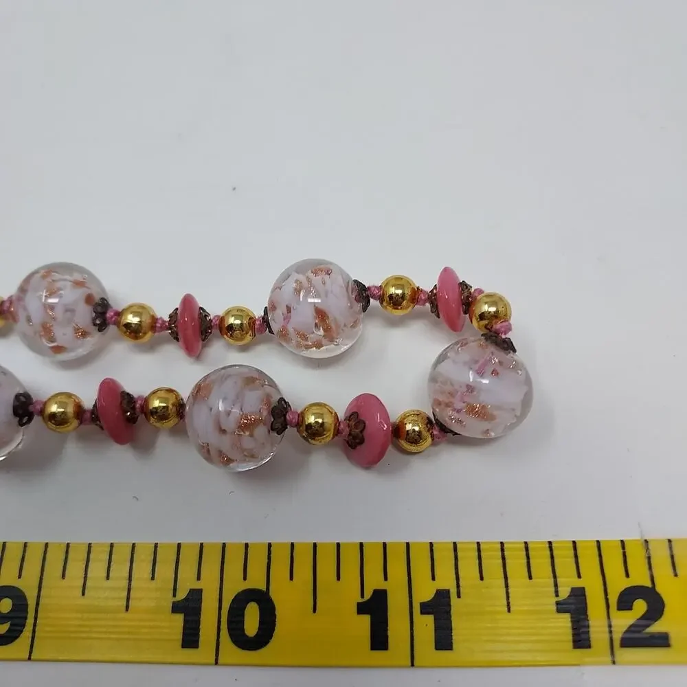 Vintage Pink Art Glass Mixed Bead Necklace Hand Knotted Gold Tone Push Clasp 23